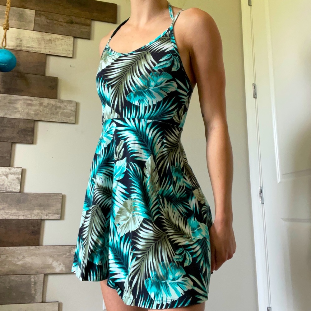 tropical PINK dress teal green palm leaves